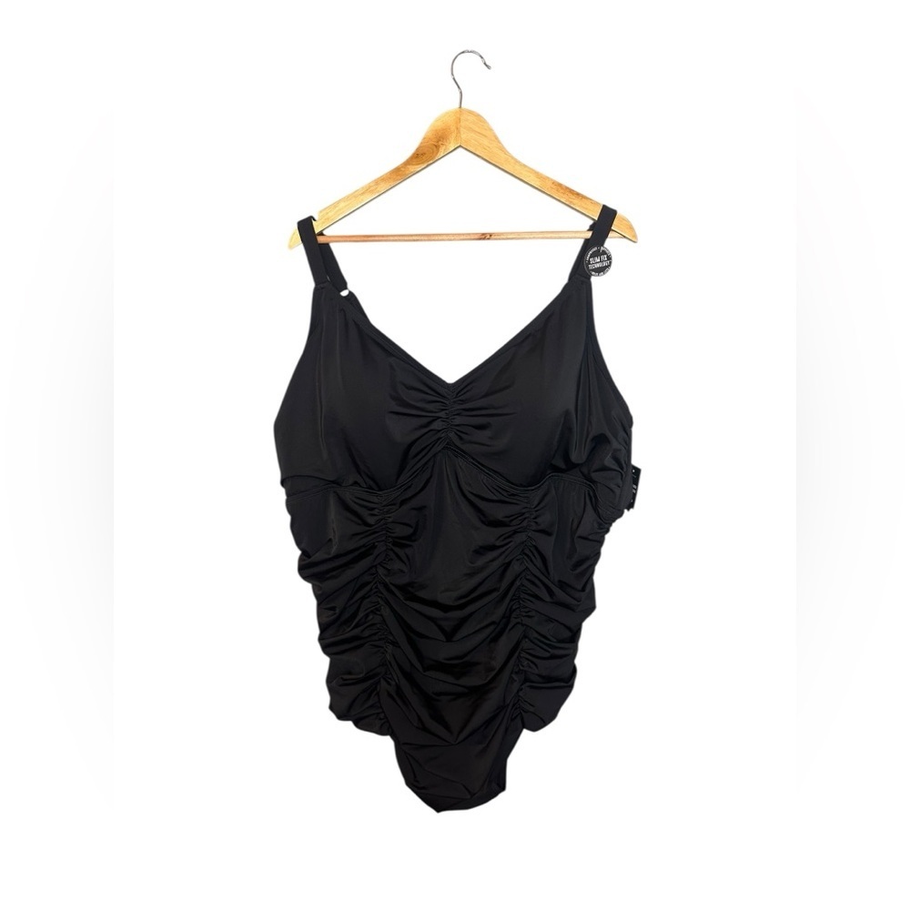 NWT Torrid Wire-Free Slim Fix Plunge Black Ruched One-Piece Swimsuit 5X - Picture 2 of 8